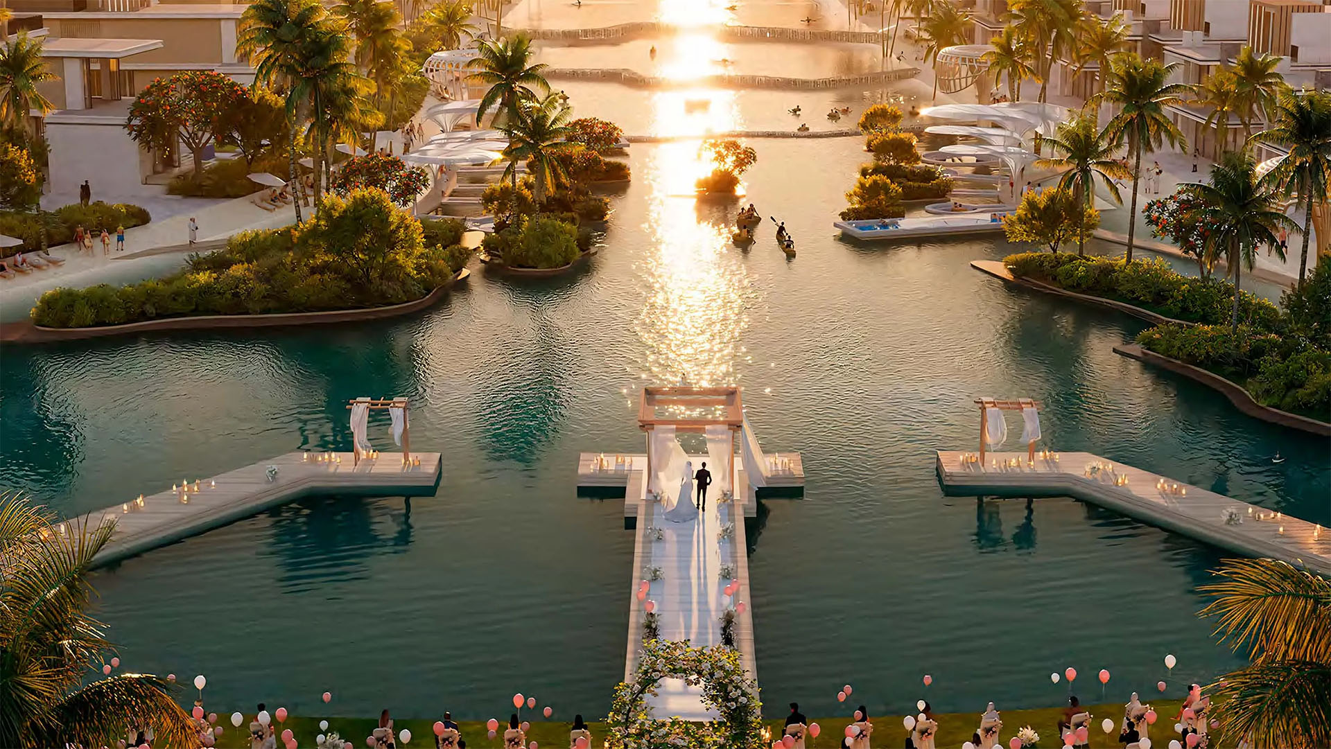 A beautiful tropical oasis at DAMAC Islands featuring a boardwalk, palm trees, and clear water.