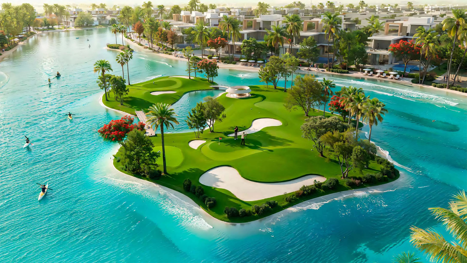 A beautiful golf putting green located on a small, lush island surrounded by a large turquoise lagoon and waterfront villas.