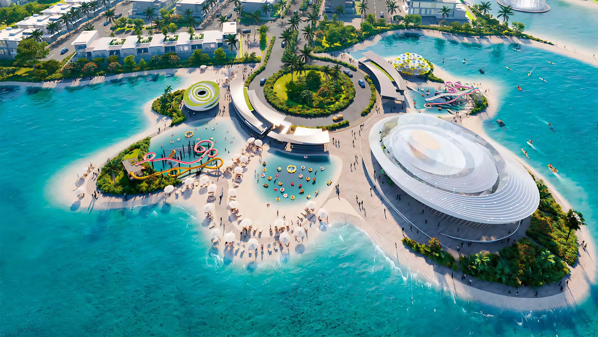 An outdoor leisure hub with water slides, a sandy beach, and various recreational facilities surrounded by clear blue water.