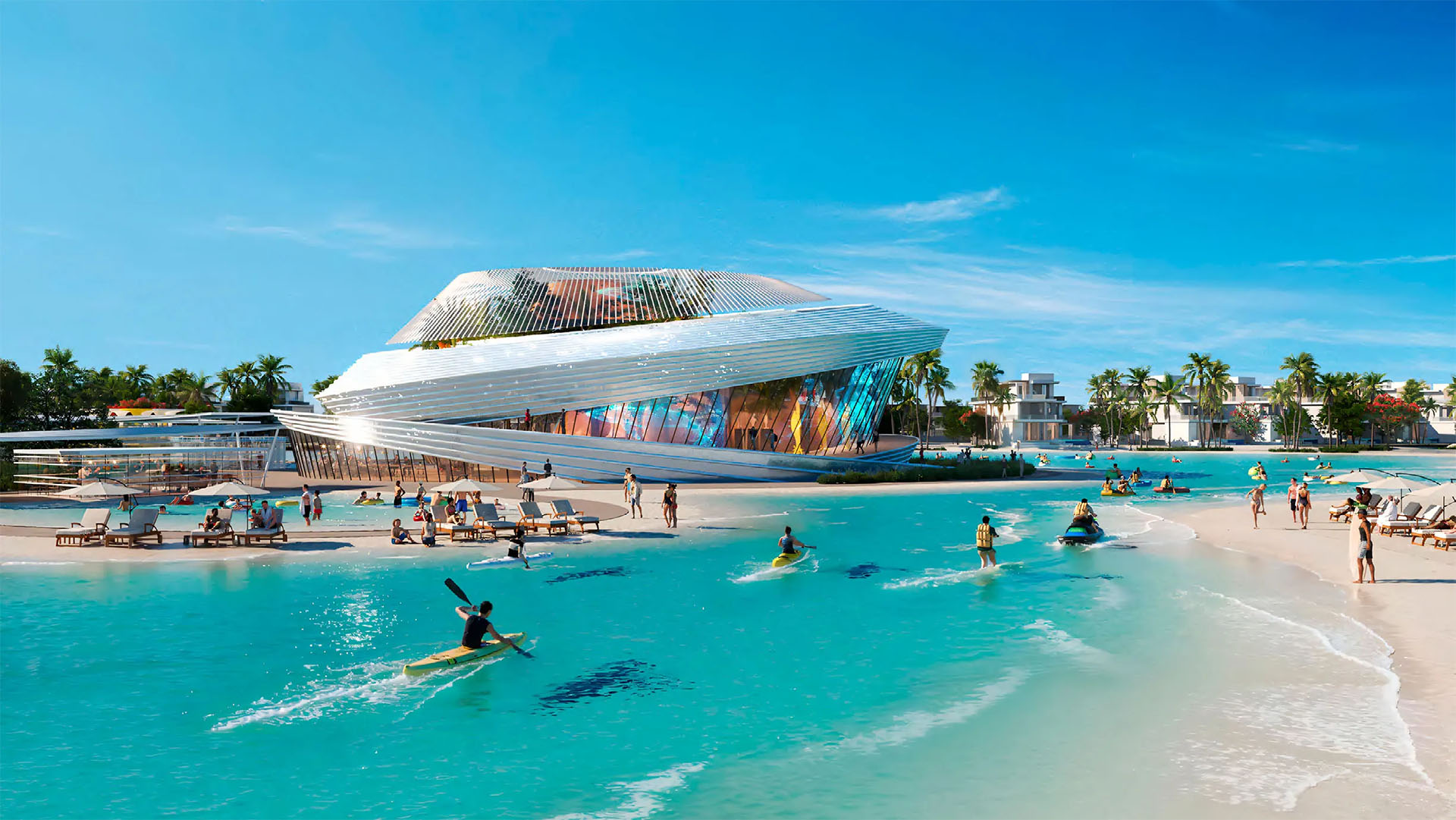 Tropical community beach area with turquoise water, palm trees, and a distinctive piece of architectural art.