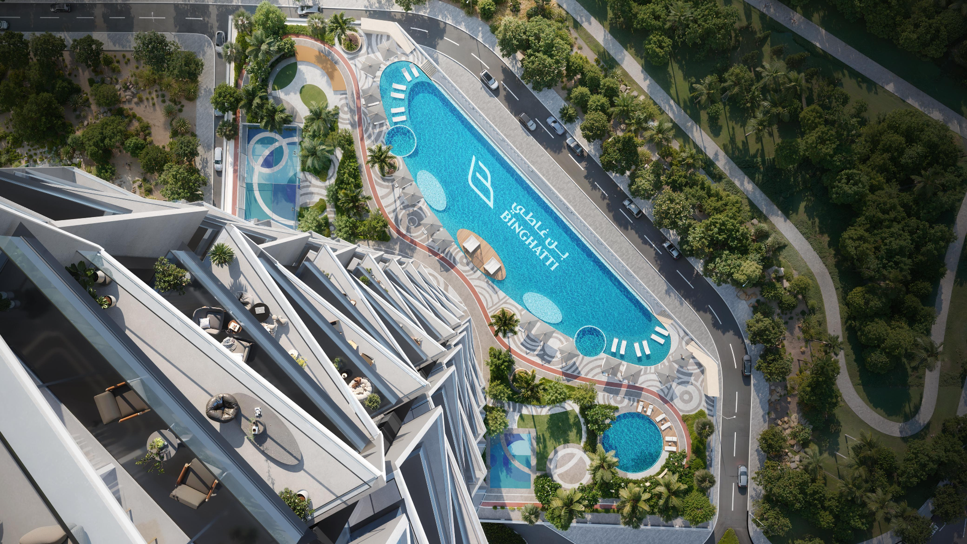 Amenities including pool, gym, and recreation areas.