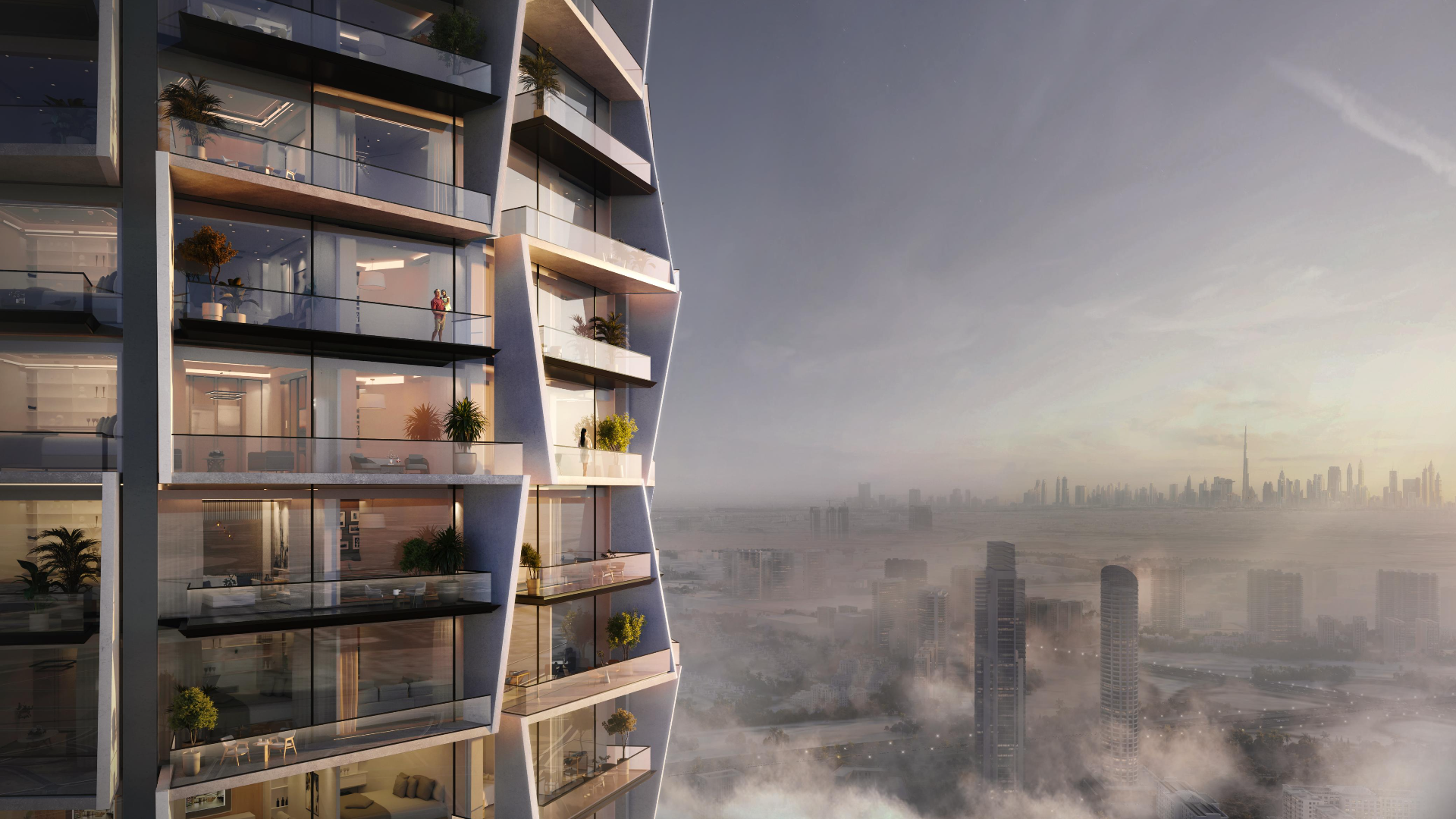 Outdoor terrace overlooking Jumeirah Village Circle.