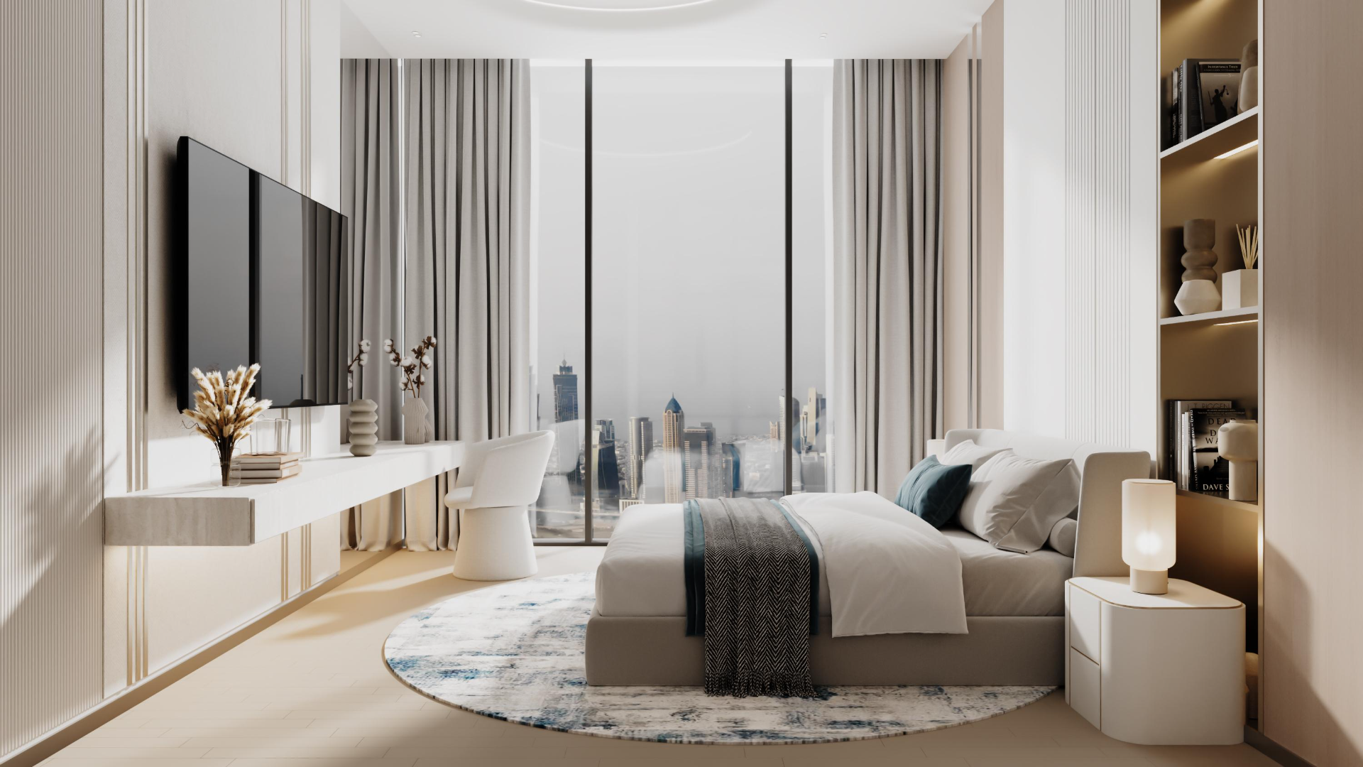 Living room with large windows in Binghatti Circle.