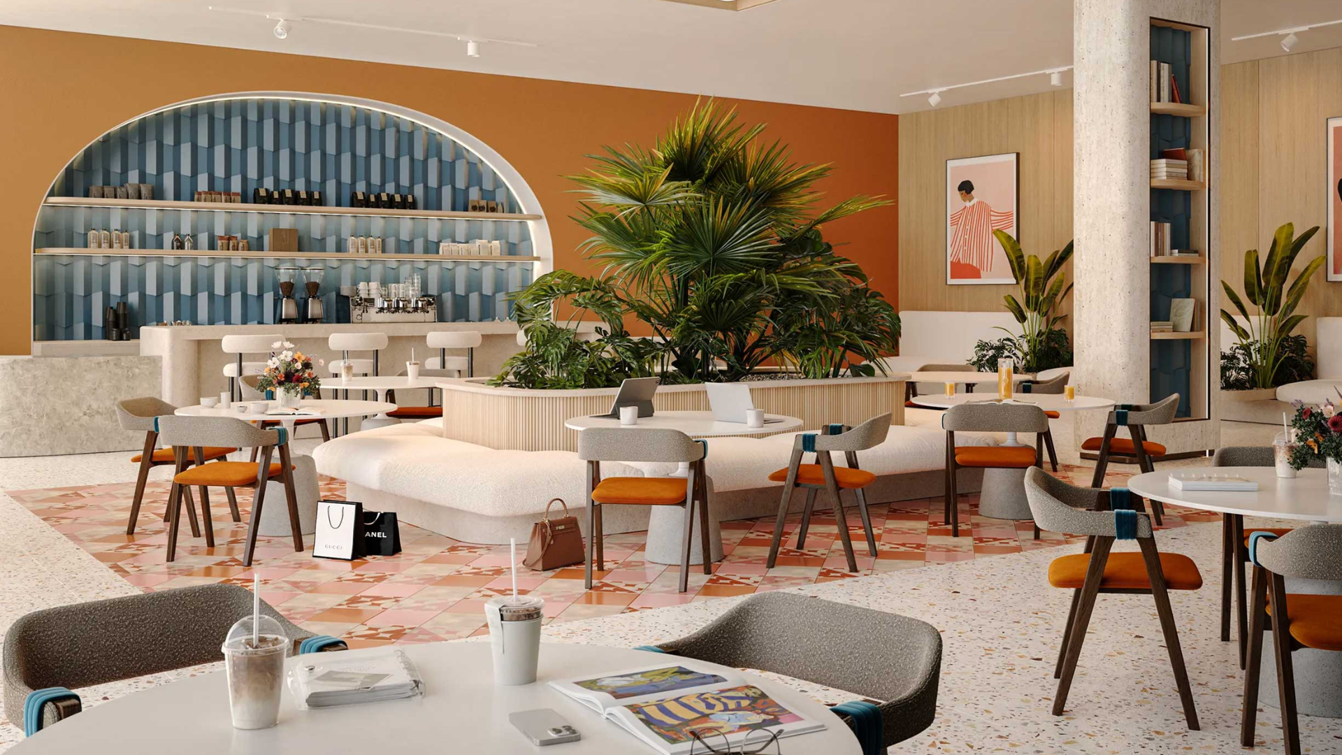 Open-plan living room with floor-to-ceiling windows