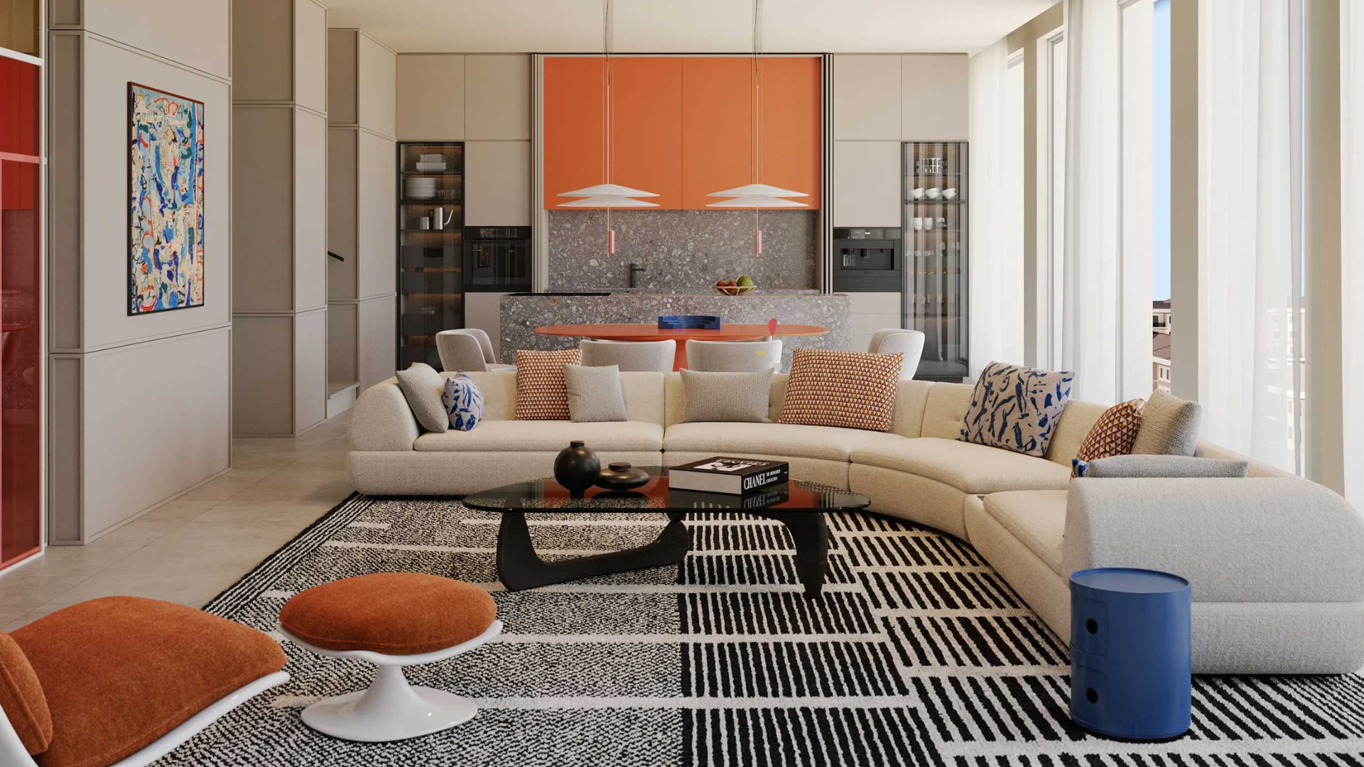 Modern kitchen with built-in appliances and sleek finishes