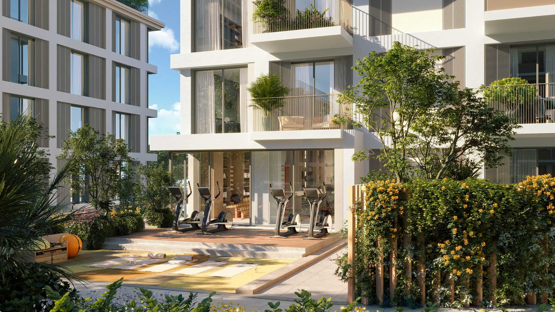 Indoor gym with modern equipment at Avenew Dubai South