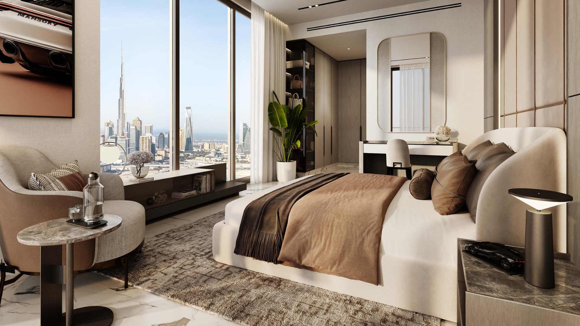 Elegant 3-bedroom interior with natural light and floor-to-ceiling windows