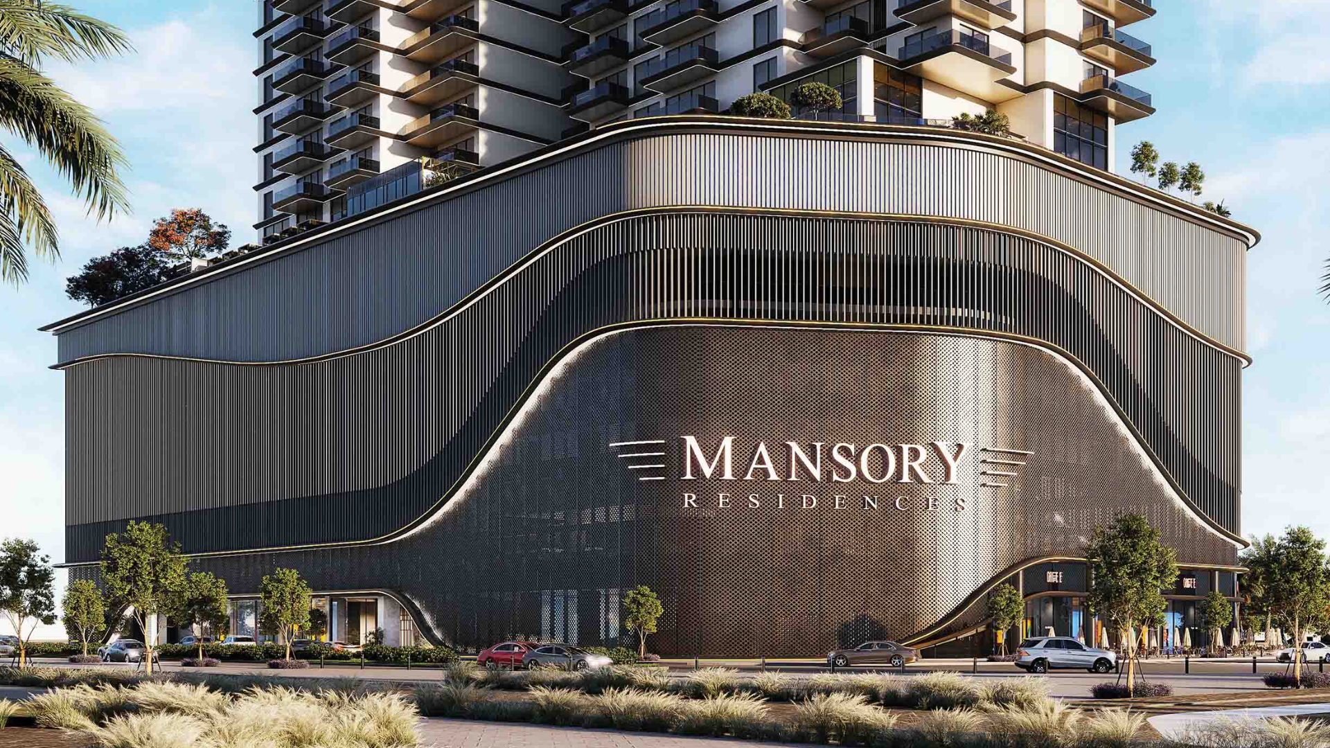 Serene lagoon view with modern residential towers and lush greenery