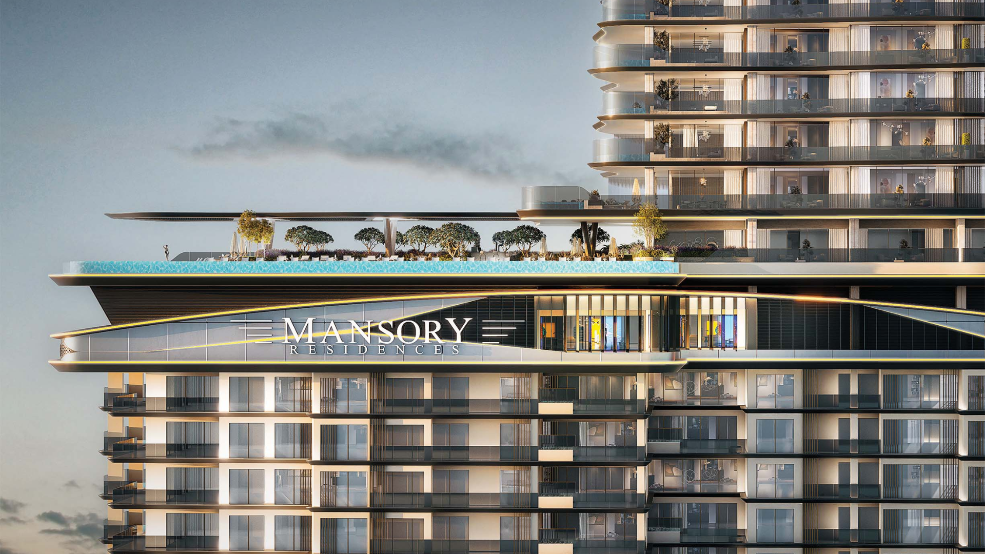 Infinity rooftop pool with panoramic skyline backdrop at sunset