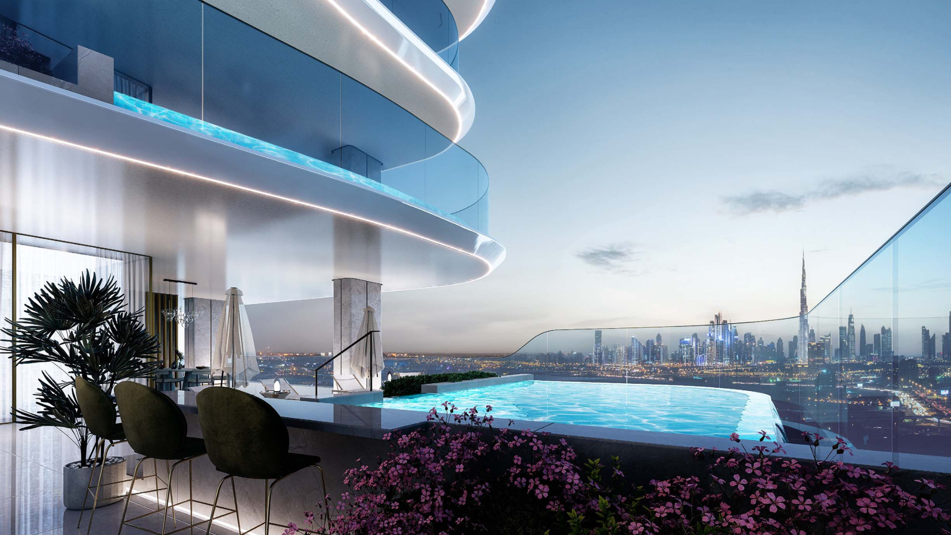 Infinity pool with city skyline view at dusk.