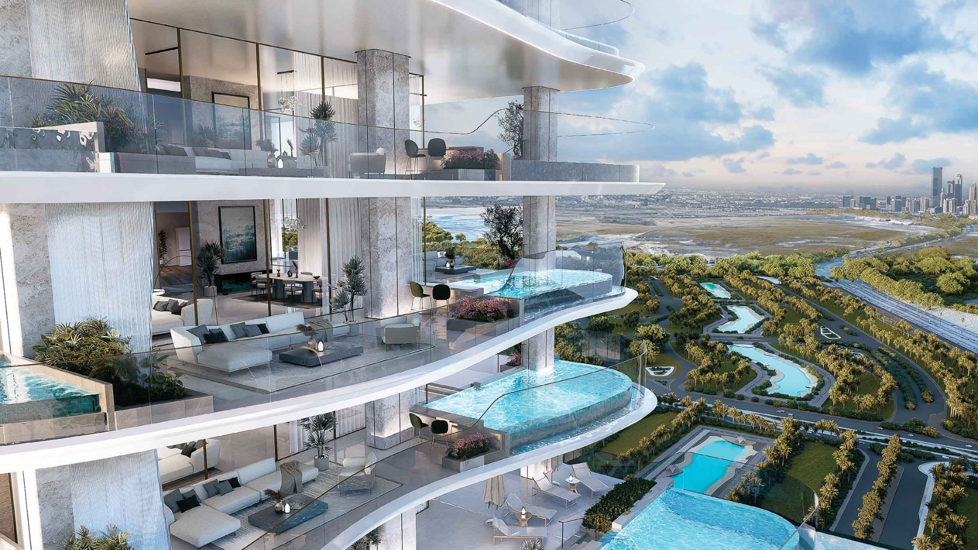 Luxury building with private pools and city views.