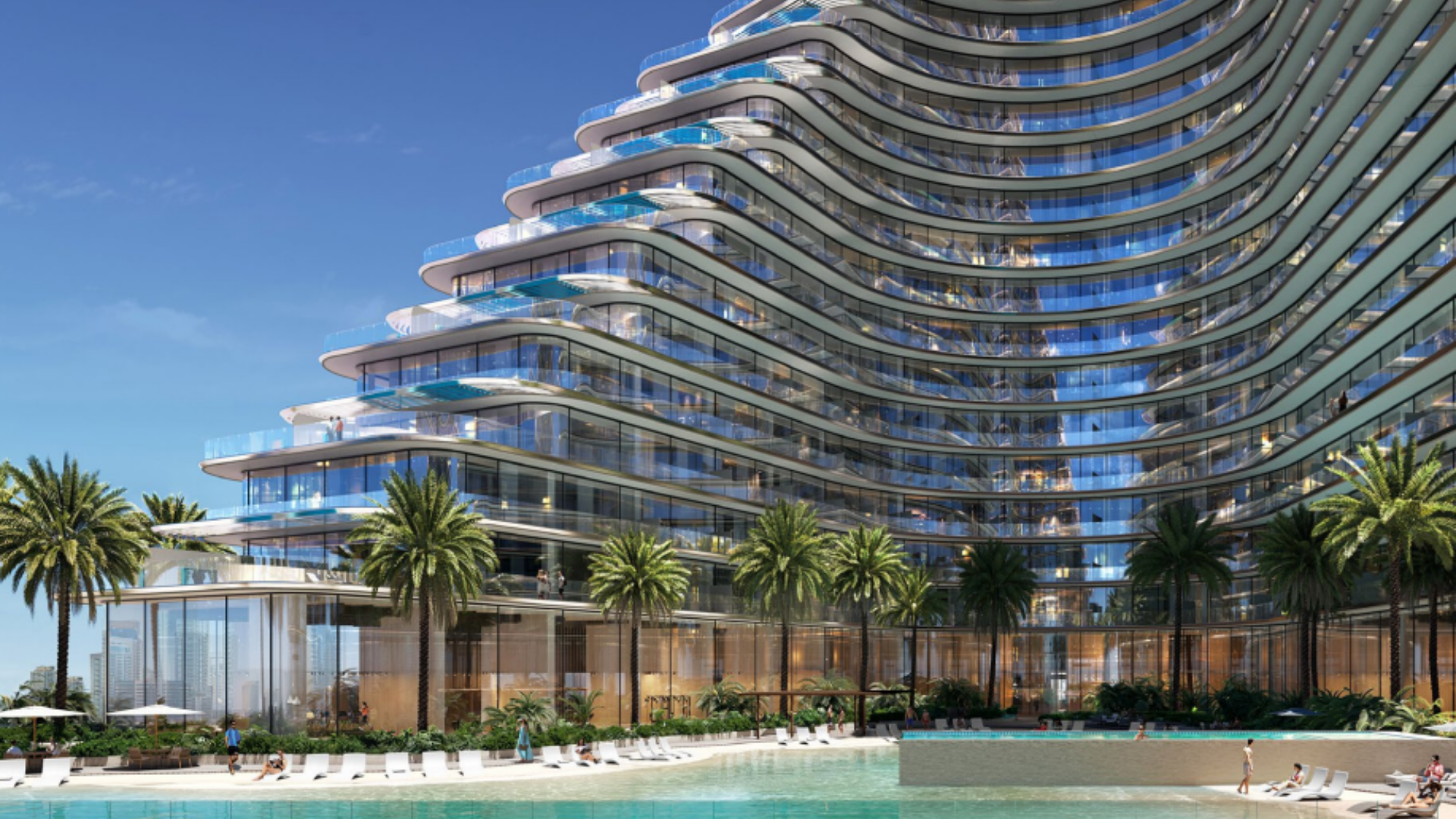 Wave-shaped luxury tower with pool and palm trees