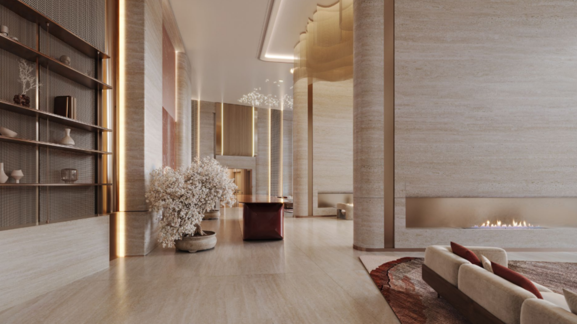 Elegant lobby with fireplace, neutral tones, and soft lighting