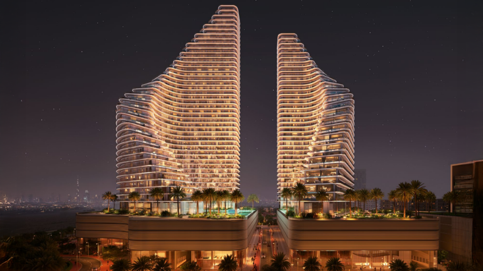 Twin high-rise towers with curved design and rooftop greenery