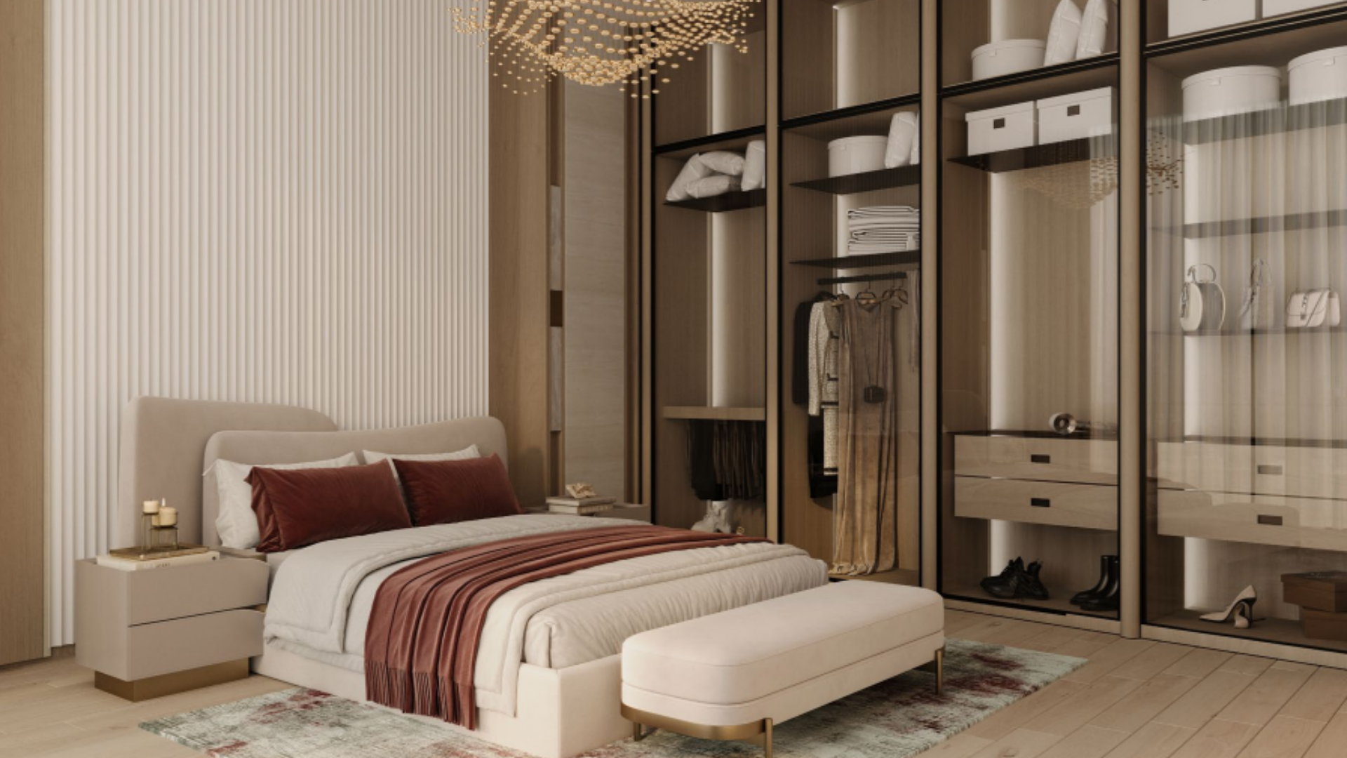 Modern bedroom with glass wardrobe and warm lighting