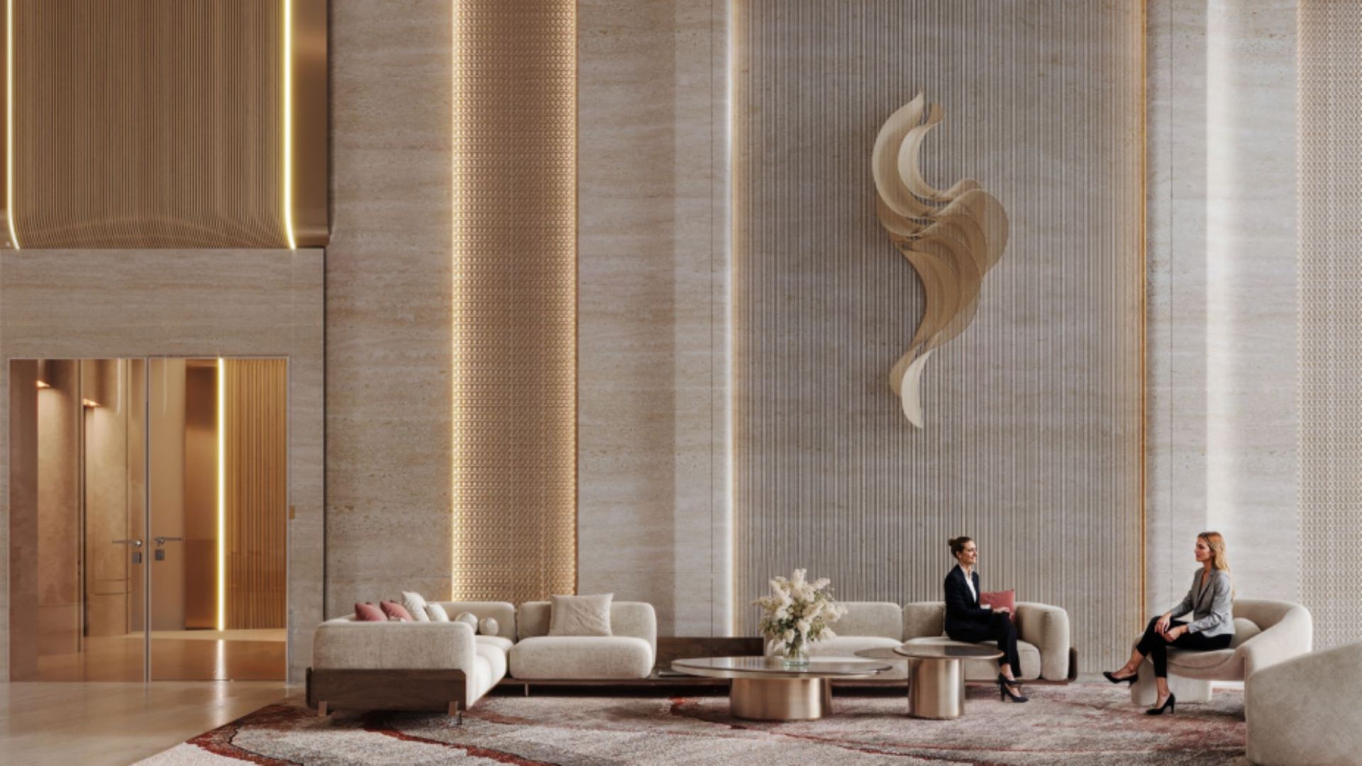 Luxury lobby with designer lights and modern seating