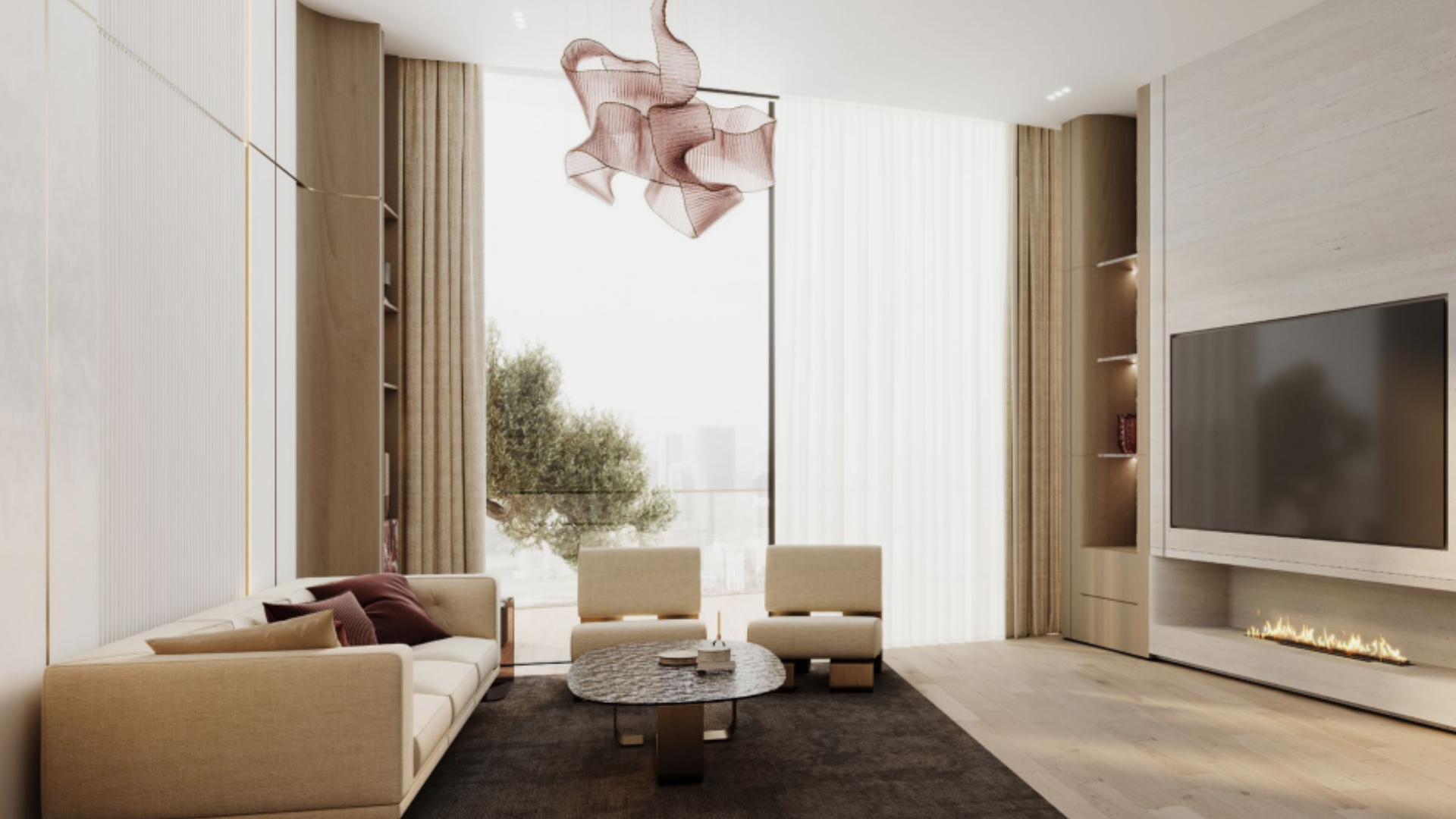 Spacious modern living room with large windows and fireplace