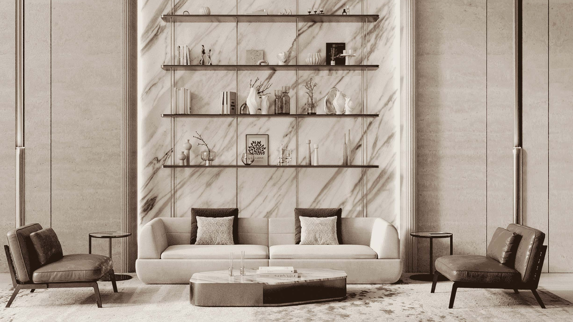 Calm and cozy apartment space with warm color palette and artistic wall décor