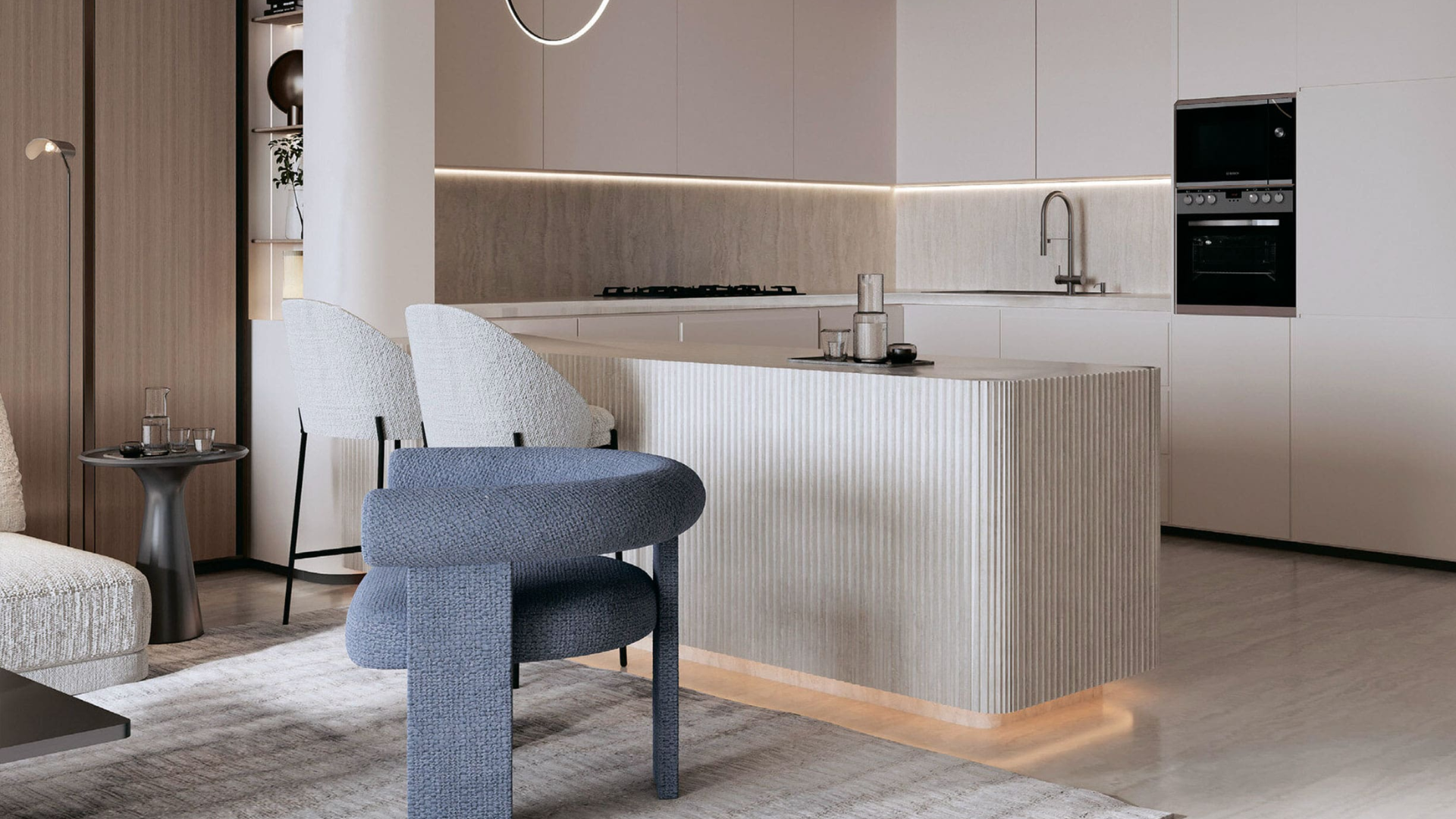 Elegant contemporary interior featuring soft lighting, designer furniture, and clean lines