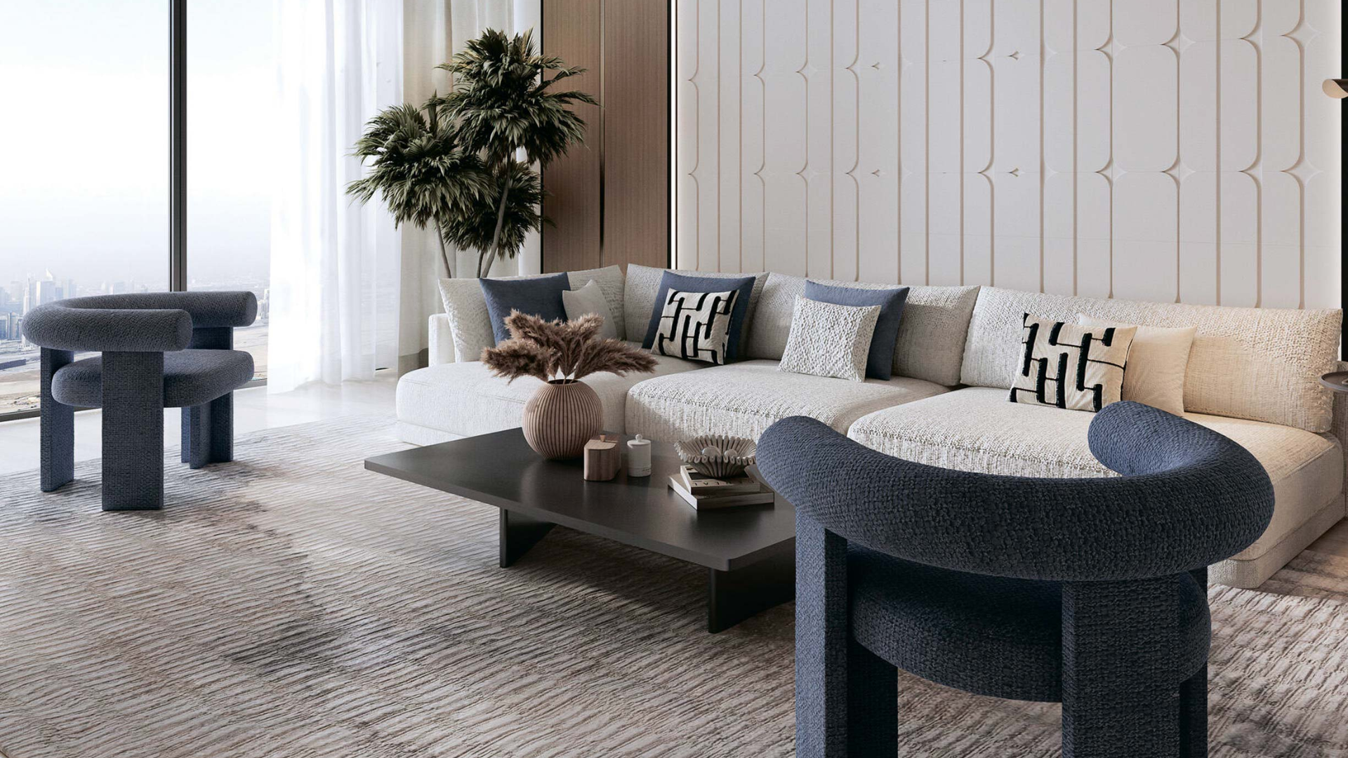 Modern living room with neutral tones, large windows, and city view backdrop