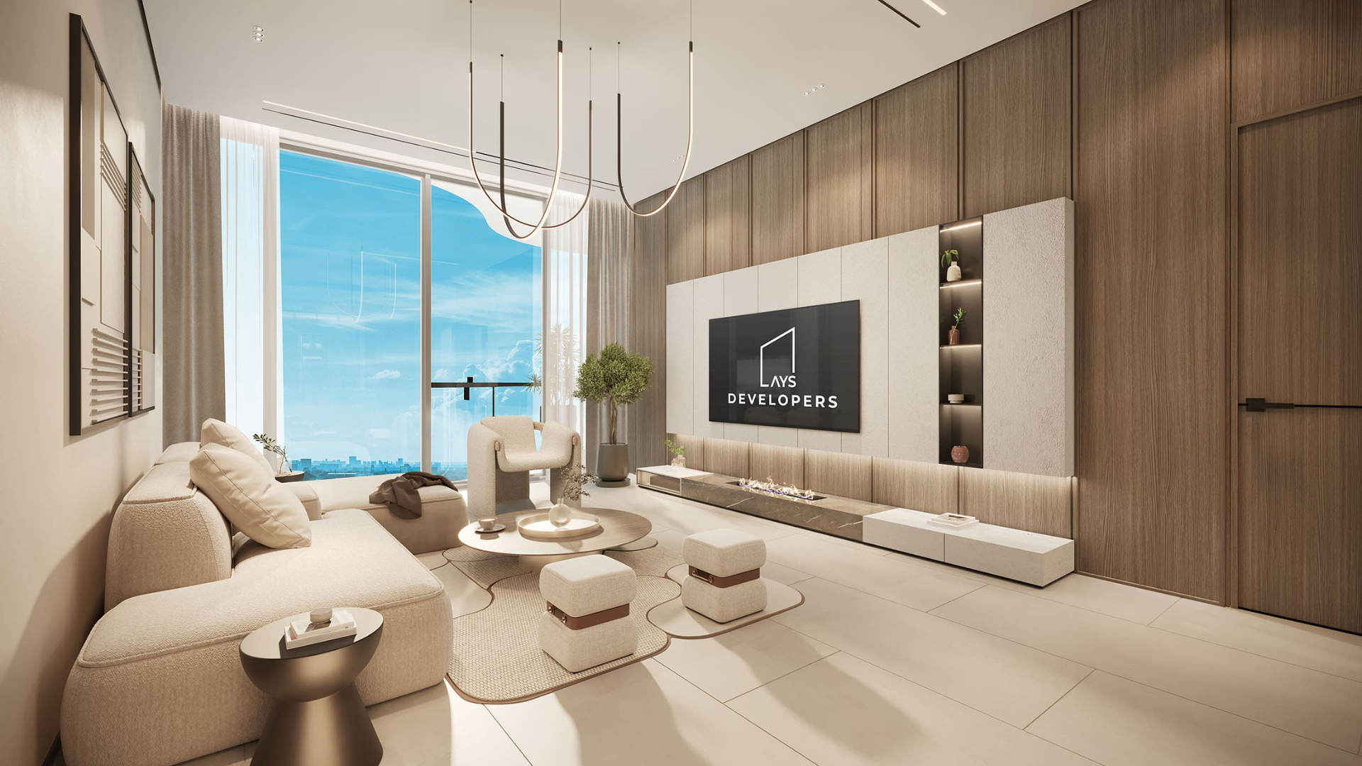 Elegant living room with modern furniture and floor-to-ceiling windows