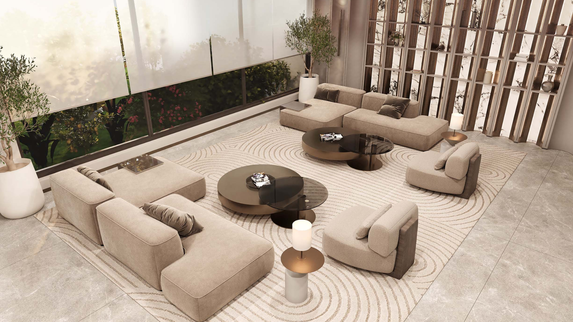 Stylish building lobby with marble accents