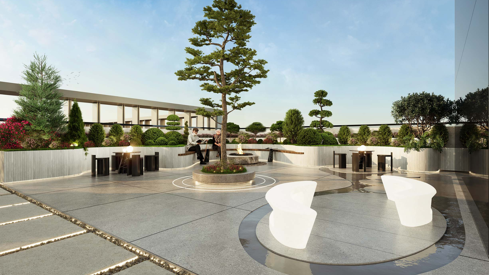 Outdoor relaxation area with greenery and circular benches