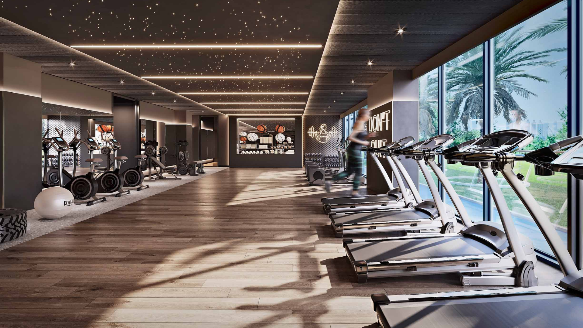 Workout area with treadmills and strength machines