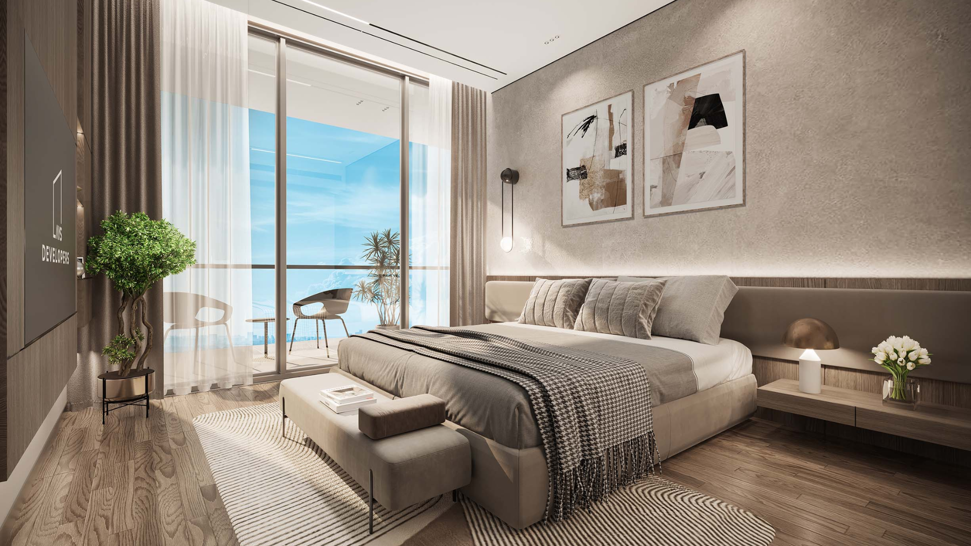 Master bedroom with island and sea views