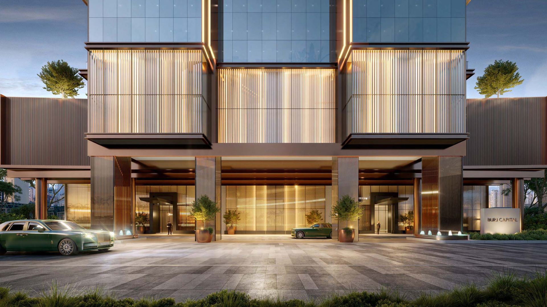 Elegant building entrance with parked luxury cars and warm lighting