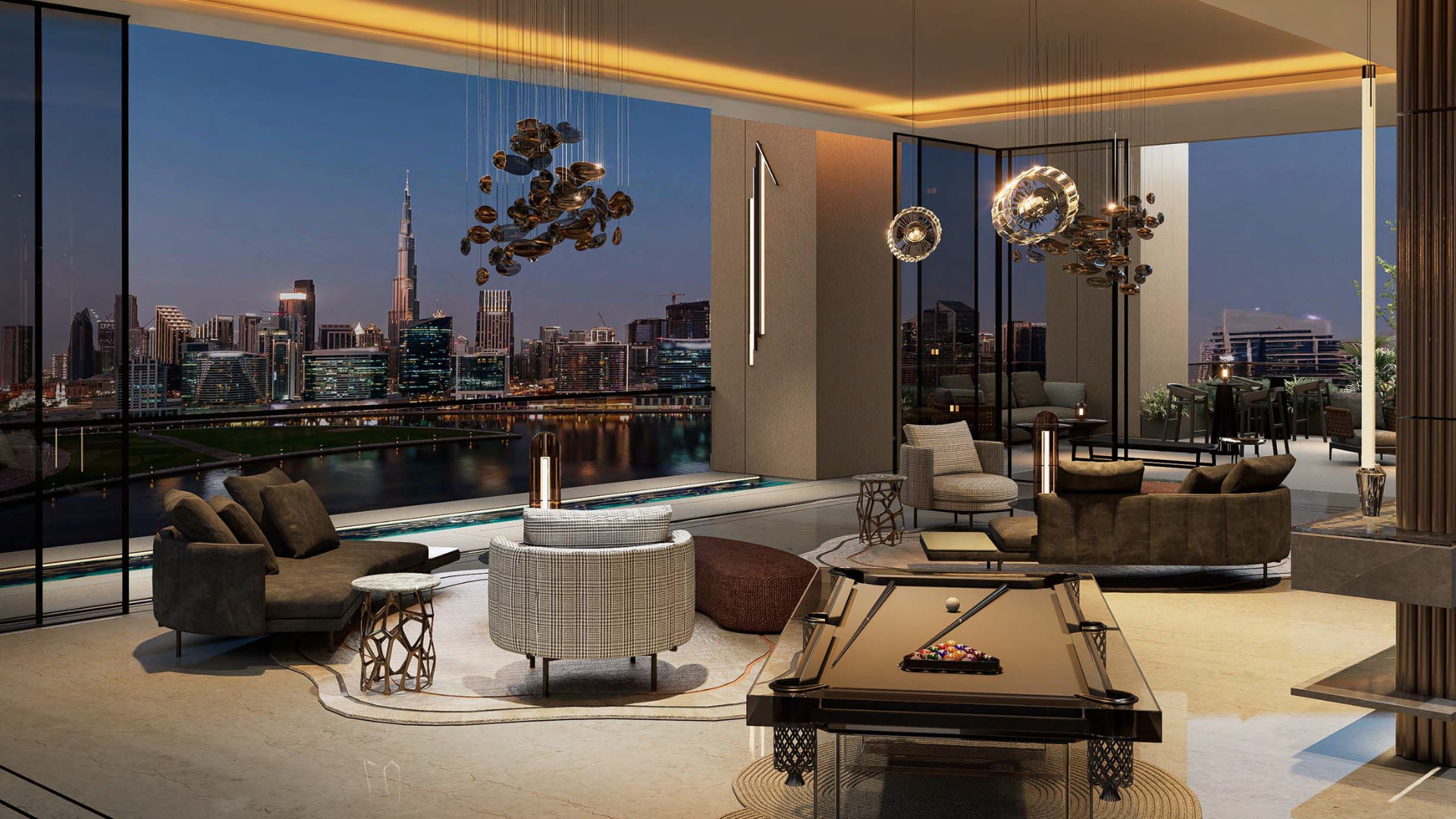 Elegant lounge with pool table, modern seating, and night city views