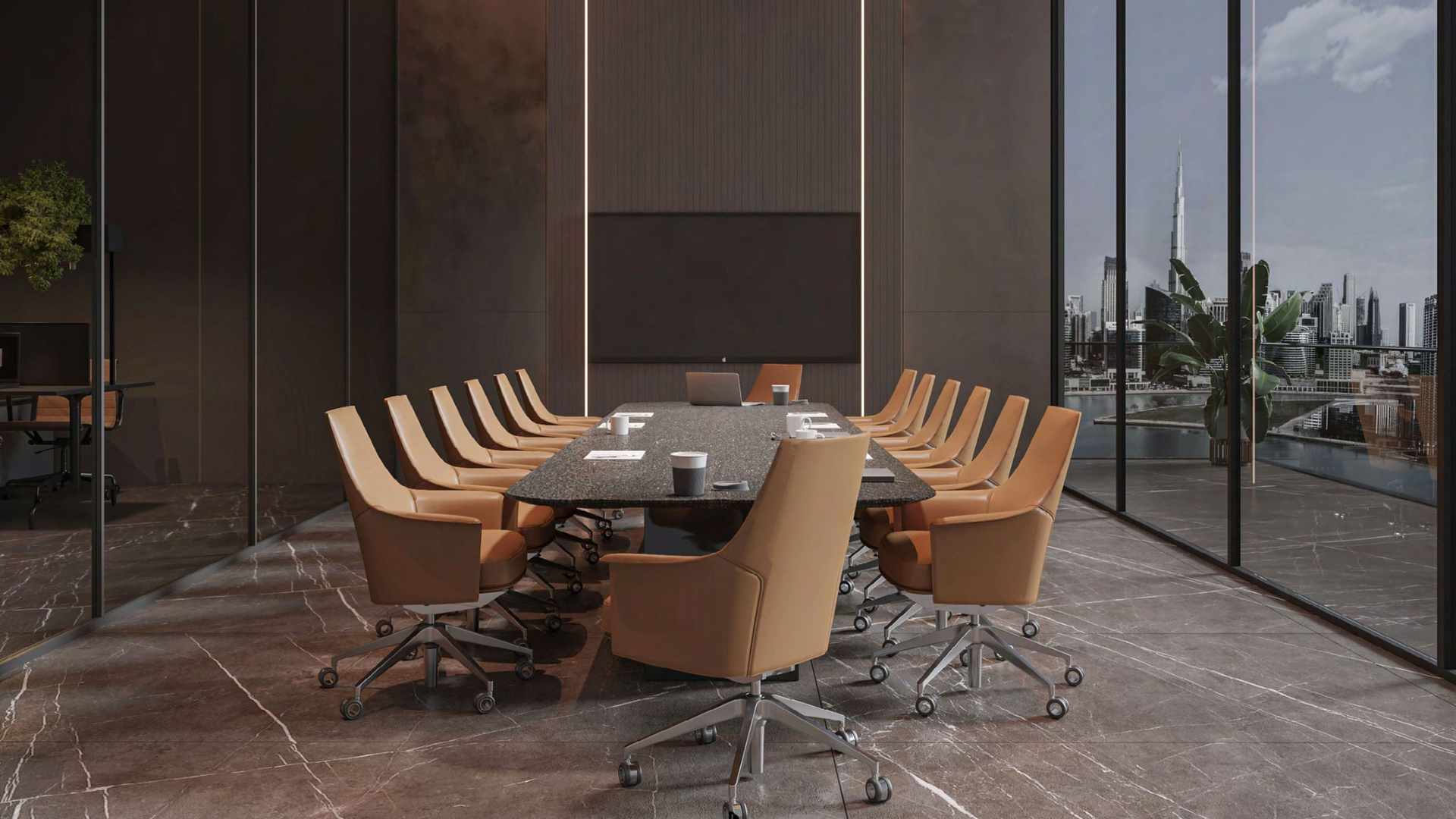 Conference room with executive seating and skyline views