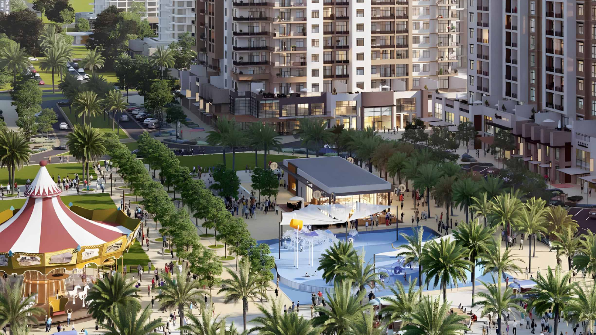 Children’s play zone with shaded benches in a residential complex