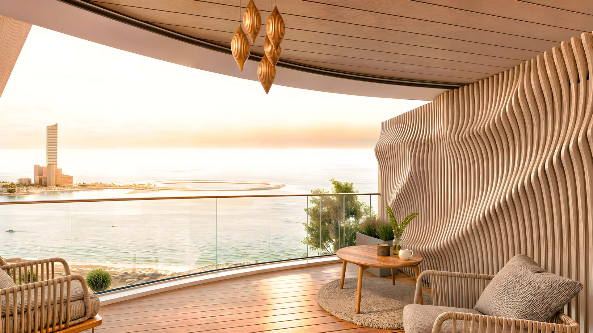 Modern residential tower offering coastal views at sunset