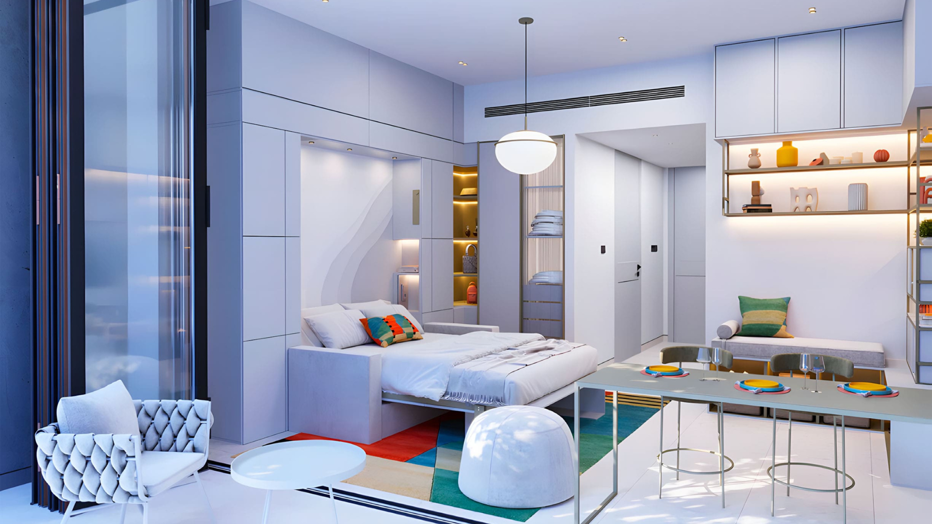 Stylish furnished living room with skyline view