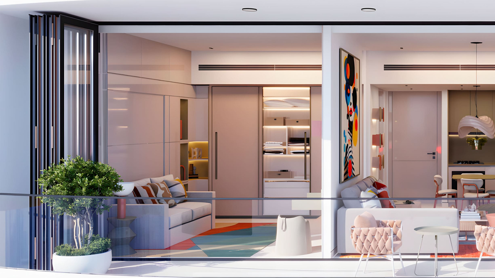 Stylish apartment interior with an open-plan living area, modern decor, and balcony views