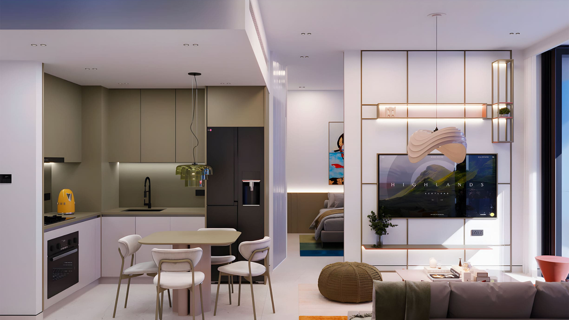 Open dining space with stylish décor and light tones