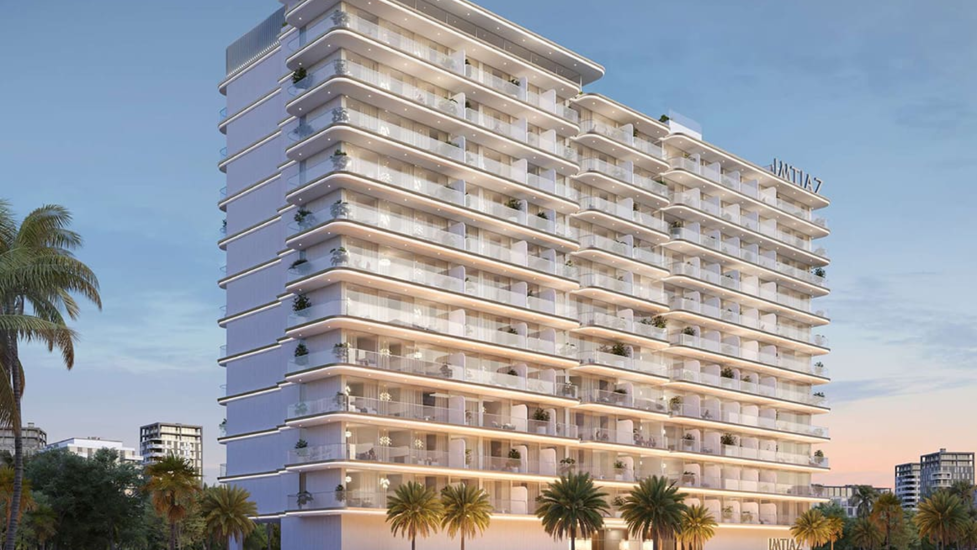 Modern mid-rise residential tower with curved balconies and palm-lined entrance in Dubailand, Dubai