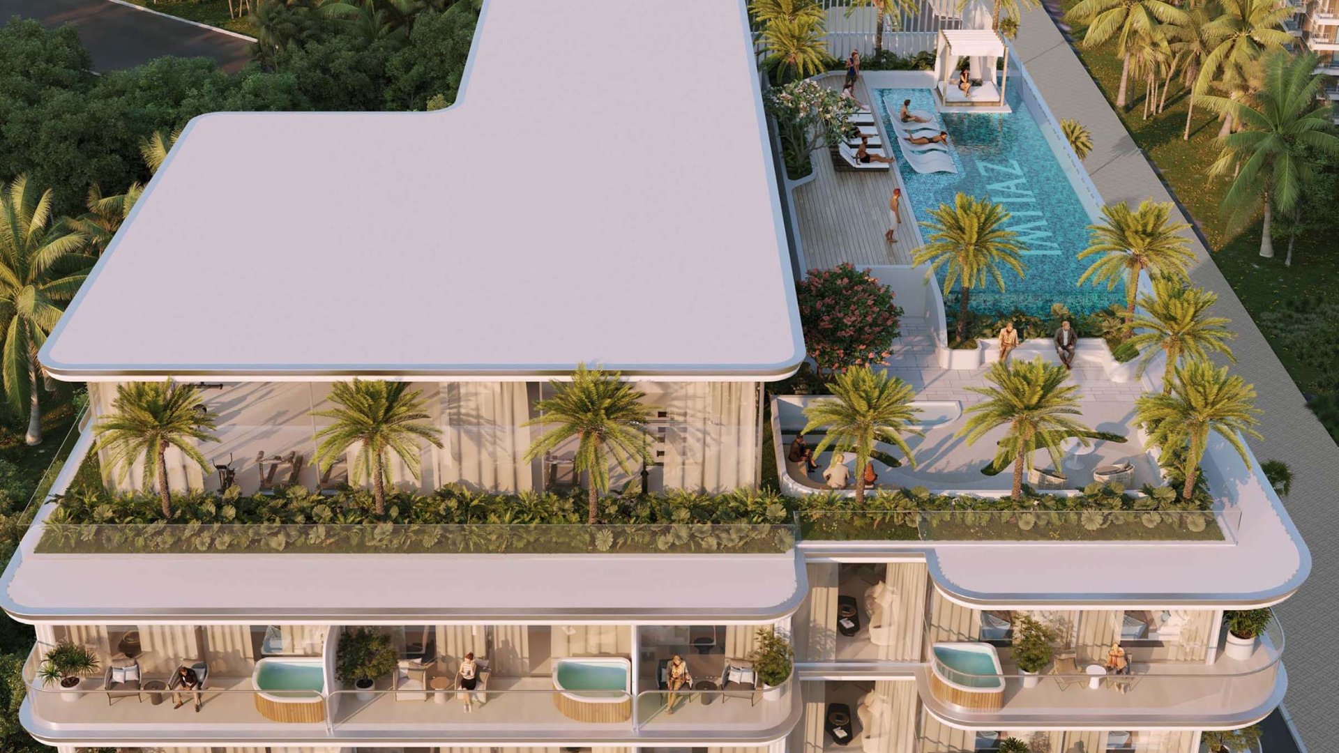 Elegant swimming pool area at Cove Edition 6 featuring relaxing lounge spaces and modern design