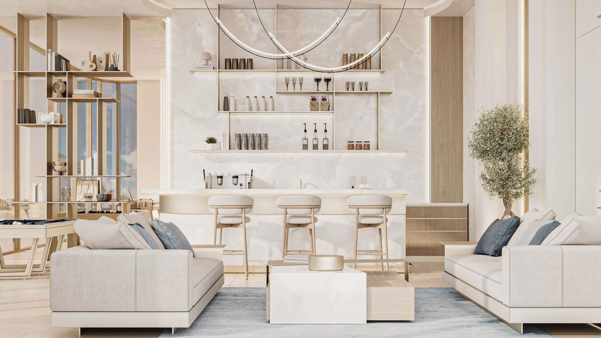 Modern lobby with elegant seating and ambient lighting