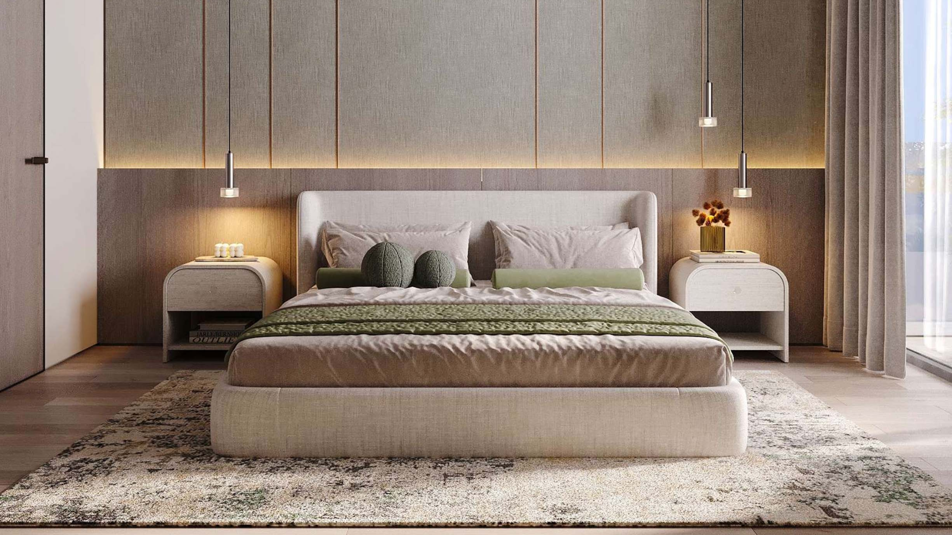 Cozy bedroom with stylish decor and natural lighting