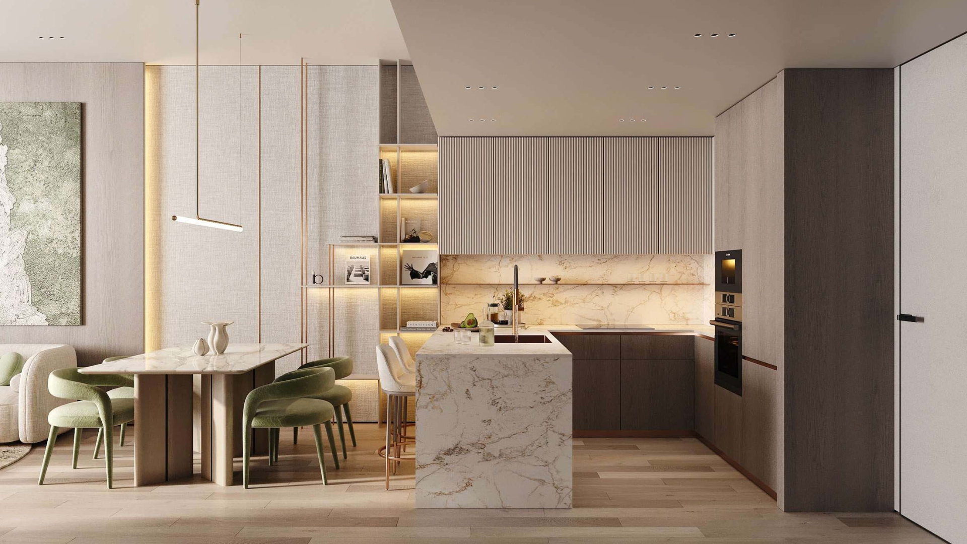 Modern kitchen with built-in appliances and sleek cabinetry