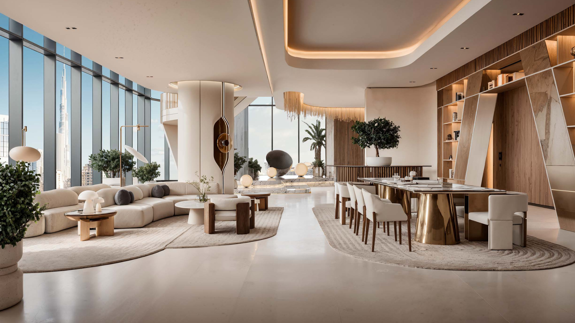 Luxurious modern lobby with curved sofas, dining area, and city views