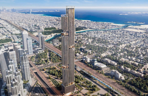 Modern DWTN Residences building tower against an urban city skyline backdrop