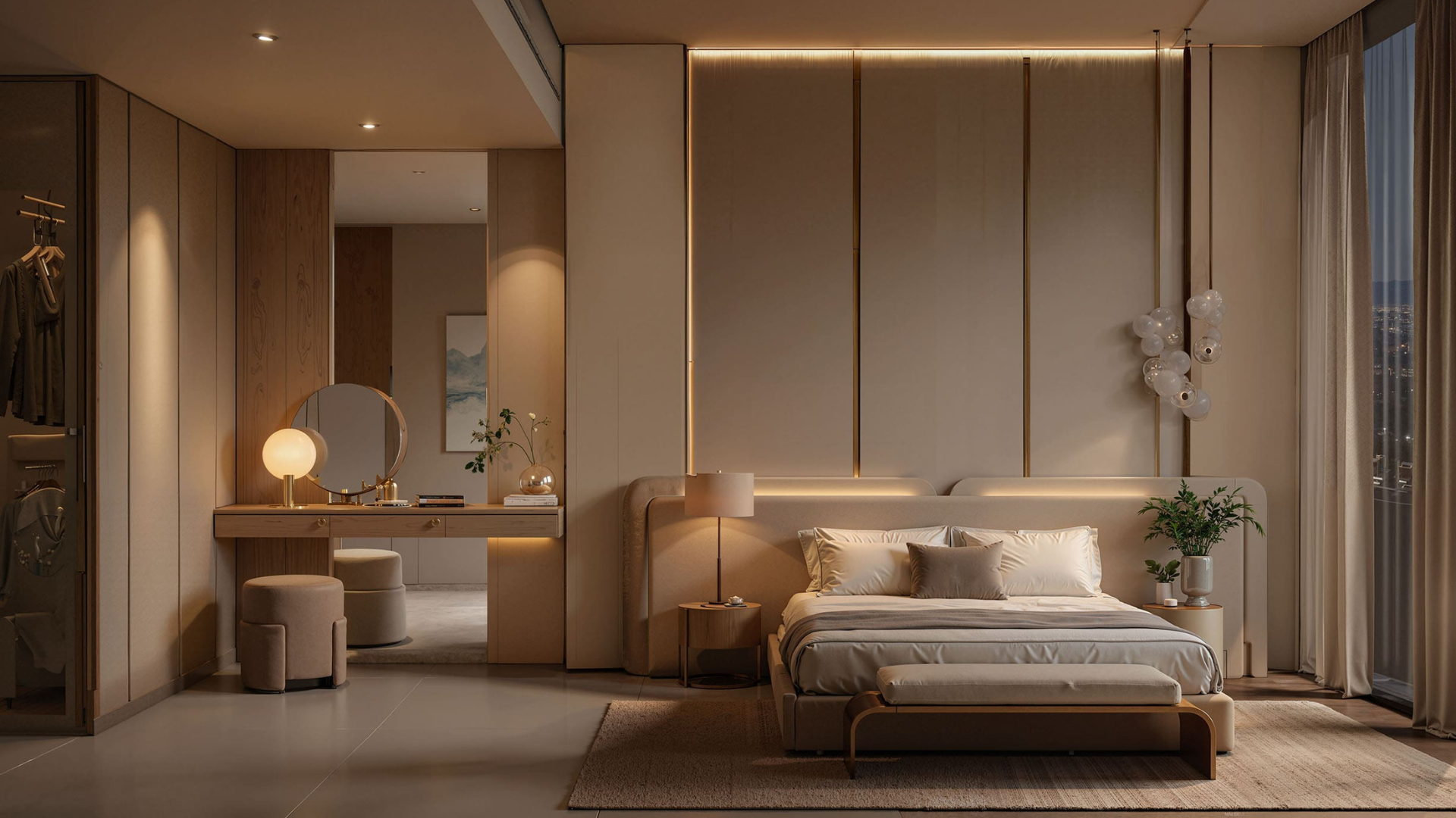 Bedroom with large windows and warm natural lighting