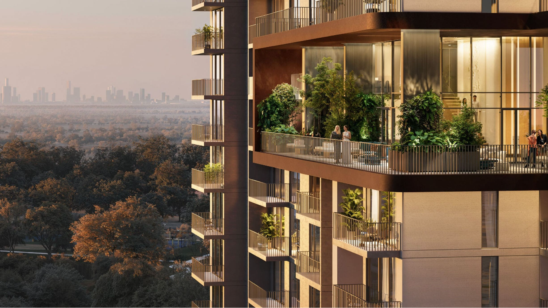 Exterior view of a contemporary building featuring balconies with outdoor lounge areas and integrated greenery