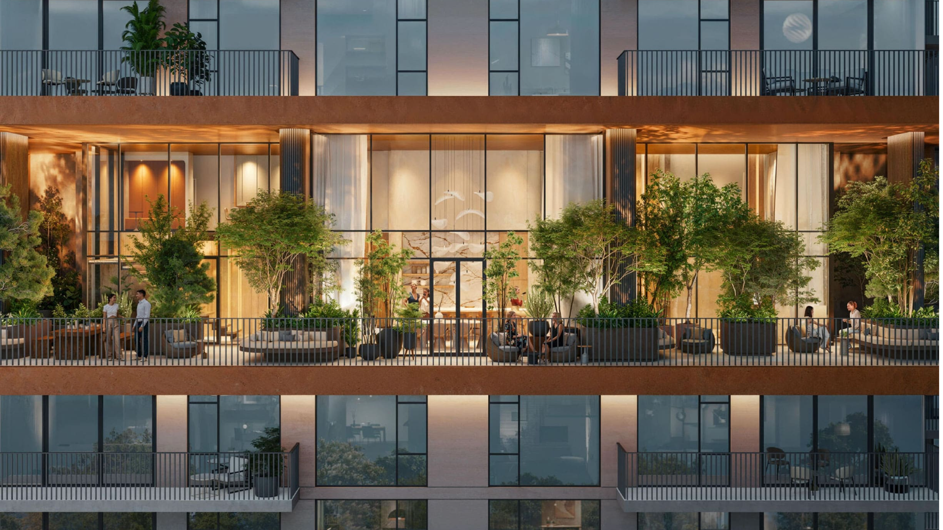 Modern building with a curved glass facade, swimming pool, and children's playground