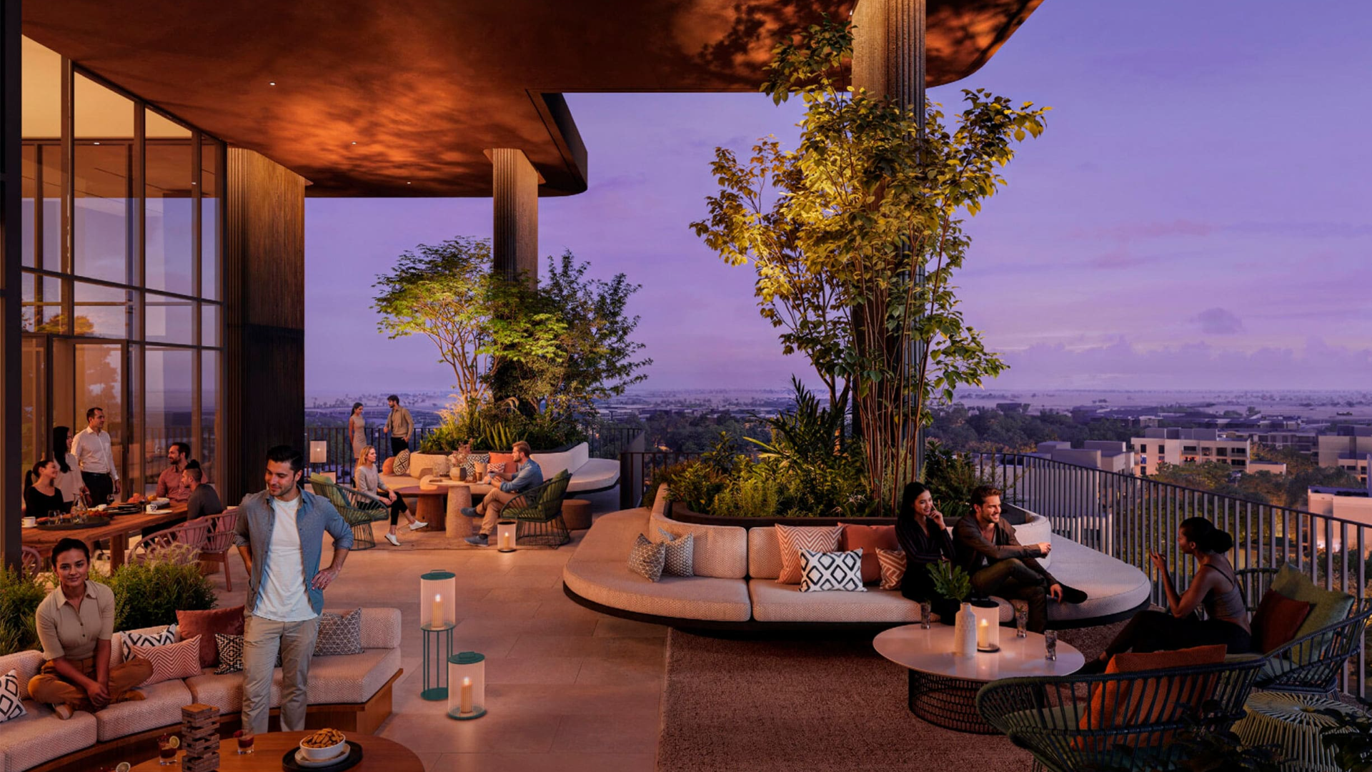 Contemporary apartment complex with curved glass facade, pool, and children's playground at Ghaf Woods