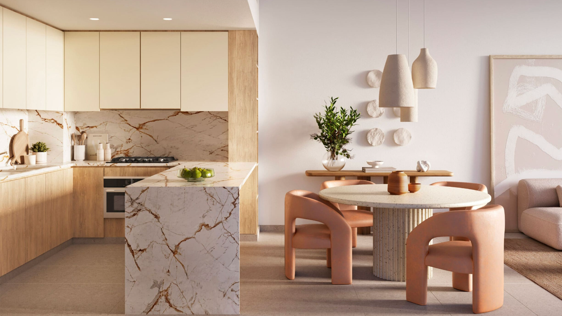 Luxurious master bedroom at Distrikt with modern decor, large bed, and balcony overlooking lush views