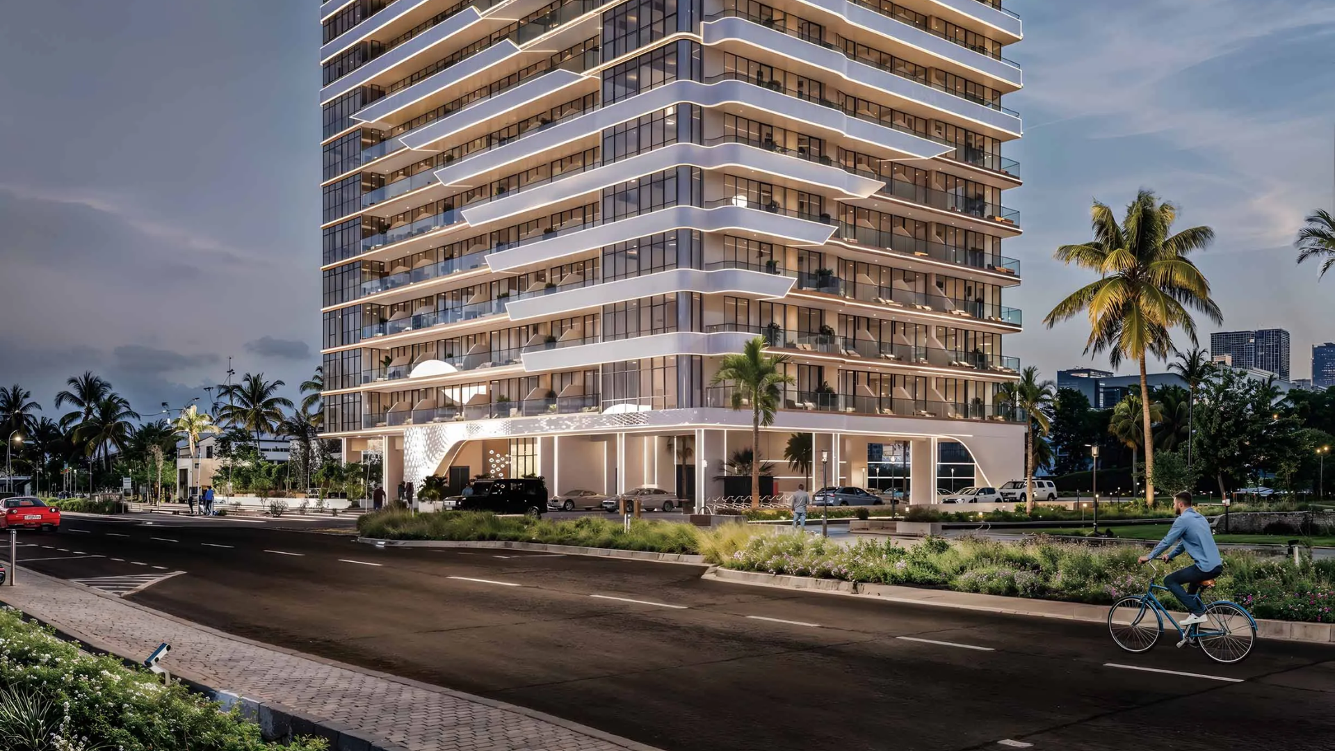 Spacious living room with modern furnishings and large windows